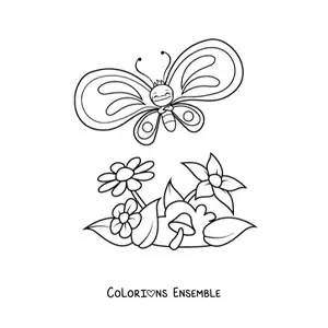 Image à colorier d'un papillon rigolo et joyeux qui vole au-dessus de plusieurs fleurs