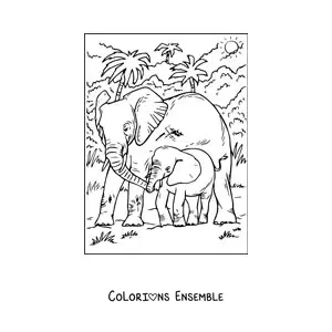 Image à colorier d'une maman et d'un bébé éléphant réalistes marchant dans la jungle