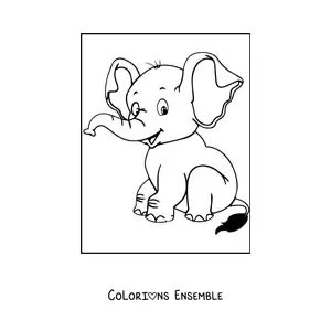 Image à colorier d'un mignon bébé éléphant assis et souriant