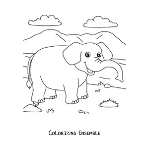 Image à colorier d'un éléphant de dessin animé marchant dans la savane
