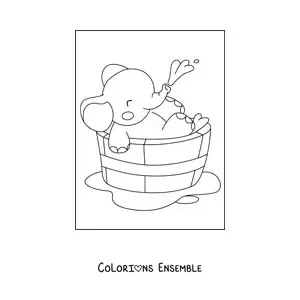 Image à colorier d'un bébé éléphant kawaii dans une baignoire se lavant avec sa trompe