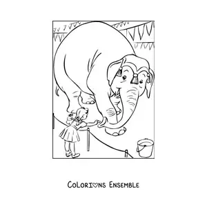 Image à colorier d'une fillette nourrissant un éléphant de cirque