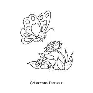 Image à colorier d'un papillon rigolo qui s'approche de deux fleurs