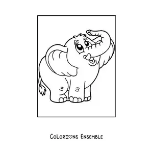 Image à colorier d'un mignon éléphant avec la trompe relevée vers le haut