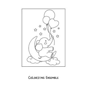 Image à colorier d'un bébé éléphant kawaii assis sur un croissant de lune dans le ciel tenant des ballons en forme de cœur avec sa trompe