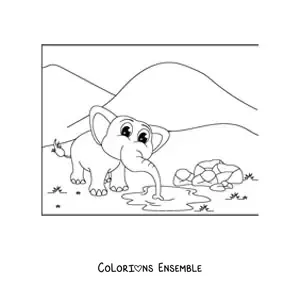 Image à colorier d'un mignon éléphant de dessin animé buvant l'eau d'une mare dans la savane