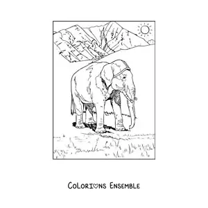 Image à colorier d'un éléphant réaliste par une journée ensoleillée dans la savane