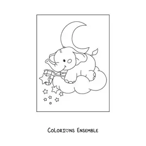 Image à colorier d'un bébé éléphant kawaii sur un nuage attrapant des étoiles avec un filet