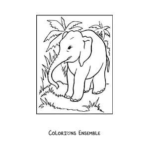 Image à colorier d'un éléphant se promenant dans la jungle