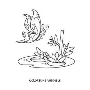 Image à colorier d'un papillon rigolo qui vole près de nénuphars