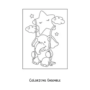 Image à colorier d'un éléphant kawaii assis sur une balançoire suspendue à une étoile rigolote