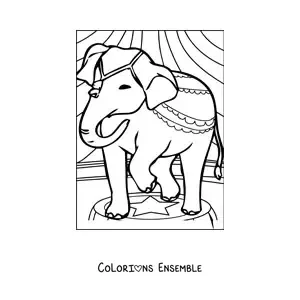 Image à colorier d'un éléphant de cirque décoré, debout sur un piédestal