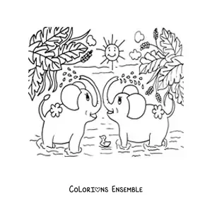 Image à colorier d'un couple d'éléphants de dessin animé se baignant dans la jungle par une journée ensoleillée