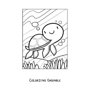 Image à colorier d'une tortue de mer kawaii nageant au fond de la mer