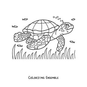 Image à colorier d'une tortue de mer réaliste nageant parmi les poissons dans la mer