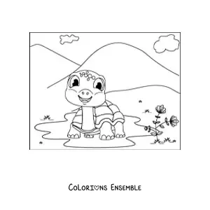 Image à colorier d'une tortue terrestre de dessin animé souriante dans une flaque, dans un paysage de montagnes