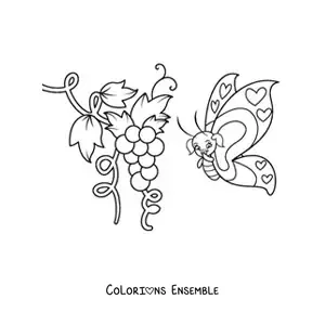 Image à colorier d'un papillon rigolo qui vole près de raisins