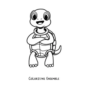 Image à colorier d'une tortue de dessin animé debout sur deux pattes, les bras croisés