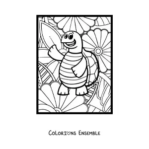 Image à colorier d'une tortue de dessin animé rigolote qui salue, avec des fleurs en fond