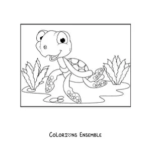 Image à colorier d'une tortue de mer de dessin animé au fond de la mer