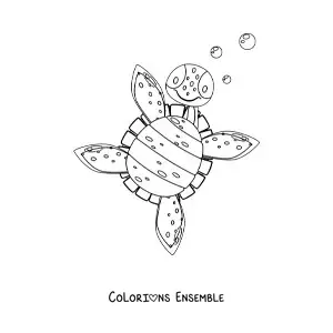 Image à colorier d'une tortue de mer de dessin animé vue d'en bas