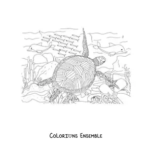 Image à colorier d'une tortue de mer réaliste nageant avec des poissons au fond de la mer