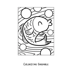 Image à colorier d'un poisson de dessin animé heureux nageant dans la mer parmi des bulles, les yeux fermés