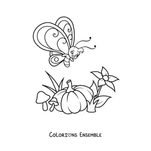 Image à colorier d'un papillon rigolo qui vole près d'une citrouille