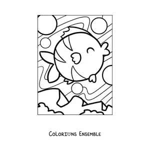 Image à colorier d'un poisson de dessin animé heureux nageant parmi des bulles dans l'eau