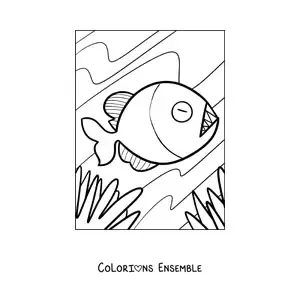 Image à colorier d'un piranha de dessin animé nageant au fond de la rivière