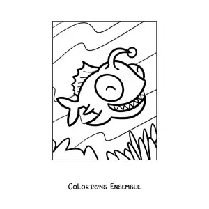Image à colorier d'un poisson-lanterne de dessin animé souriant nageant au fond de la mer