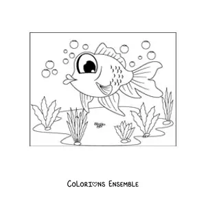 Image à colorier d'un poisson rouge de dessin animé aux grands yeux nageant parmi les algues
