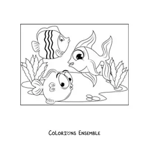 Image à colorier de trois poissons de dessin animé nageant ensemble parmi les algues marines