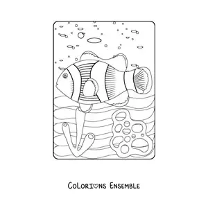 Image à colorier d'un poisson-clown nageant parmi les coraux dans la mer