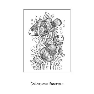Image à colorier de deux poissons nageant parmi les algues marines