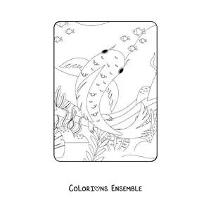 Image à colorier d'un poisson koï nageant dans le récif avec d'autres poissons