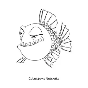Image à colorier d'un piranha de dessin animé à l'air méfiant