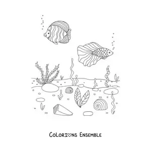 Image à colorier de deux poissons au fond de la mer avec des coraux et des algues marines
