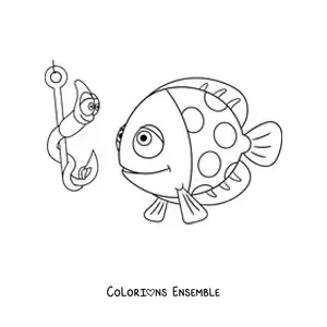 Image à colorier d'un poisson de dessin animé à côté d'un ver de dessin animé accroché à un hameçon