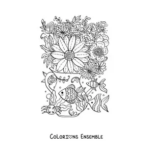 Image à colorier de plusieurs poissons et d'un crabe à côté d'un vase de fleurs et d'un papillon