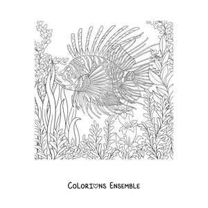 Image à colorier d'un poisson-lion au fond de la mer nageant parmi les algues
