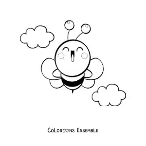 Image à colorier d'une grande abeille kawaii heureuse volant dans le ciel avec des nuages en fond