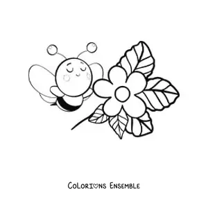Image à colorier d'une abeille kawaii volant près d'une fleur
