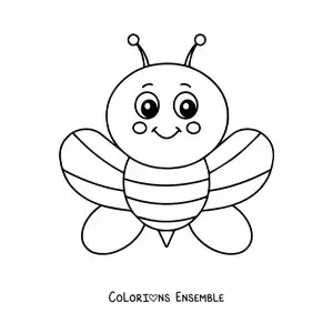 Image à colorier d'une grande abeille kawaii de dessin animé souriante, vue de face, les ailes ouvertes