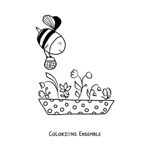 Image à colorier d'une abeille kawaii volant au-dessus de plusieurs fleurs en portant un panier