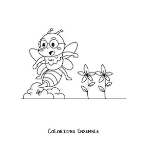 Image à colorier d'une abeille kawaii de dessin animé avec des lunettes près de quelques fleurs