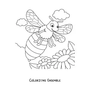 Image à colorier d'une grande abeille animée qui vole parmi les fleurs
