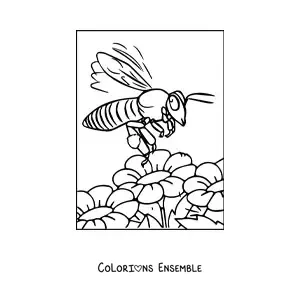 Image à colorier d'une abeille réaliste qui vole au-dessus des fleurs