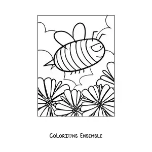 Image à colorier d'une abeille de dessin animé filant à toute vitesse au-dessus des fleurs