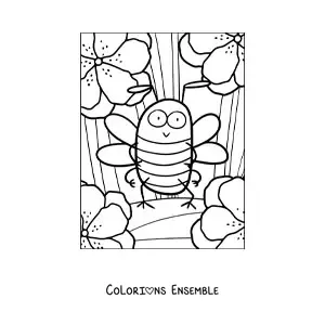 Image à colorier d'une abeille de dessin animé debout sur deux pattes parmi les fleurs